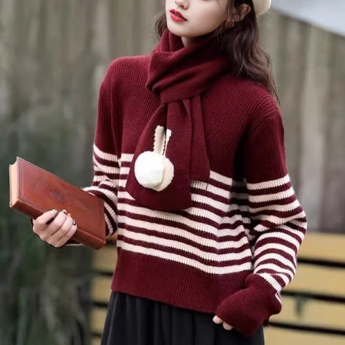 Damen gemütlicher Strickpullover mit hohem Kragen und auffälligen Streifen Drune