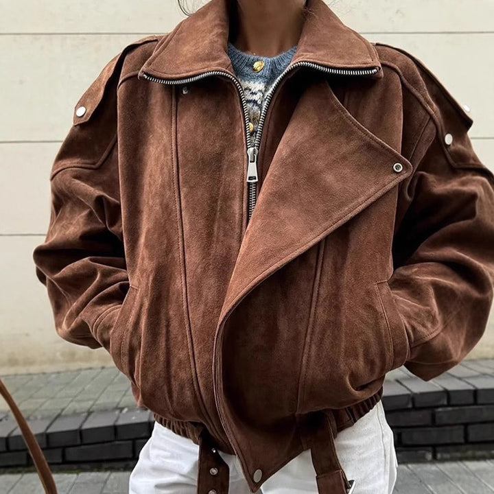 Damen nan oversized Velours-Bikerjacke mit Stehkragen, Schulterklappen und taillierbarem Hüftgürtel Drune