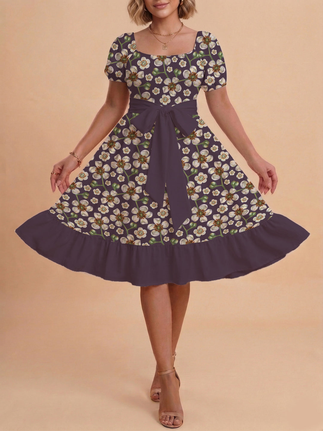 Damen Blumenkleid mit taillierbarem Gürtel und voluminösen Ärmeln Drune