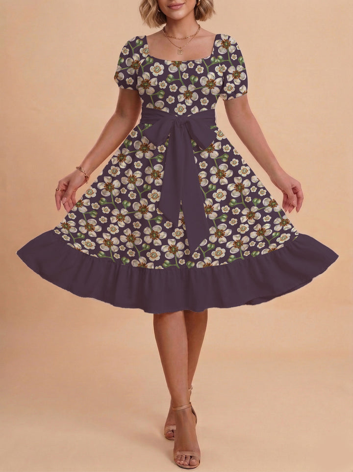 Damen Blumenkleid mit taillierbarem Gürtel und voluminösen Ärmeln Drune