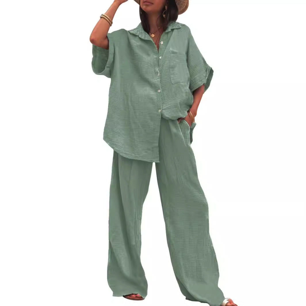 Damen luftiges Oversize-Hemd und weite Hose Set Drune