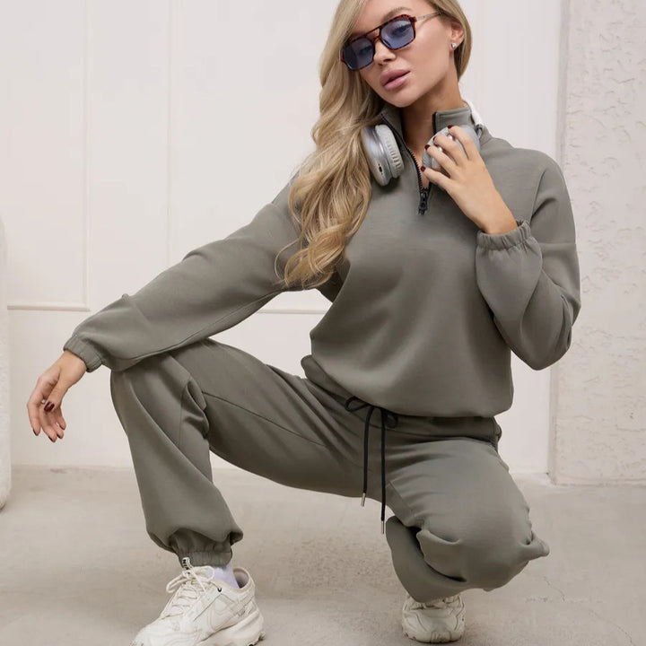 Damen lässiger Fleece-Jogginganzug mit halbem Reißverschluss und elastischen Bündchen Drune