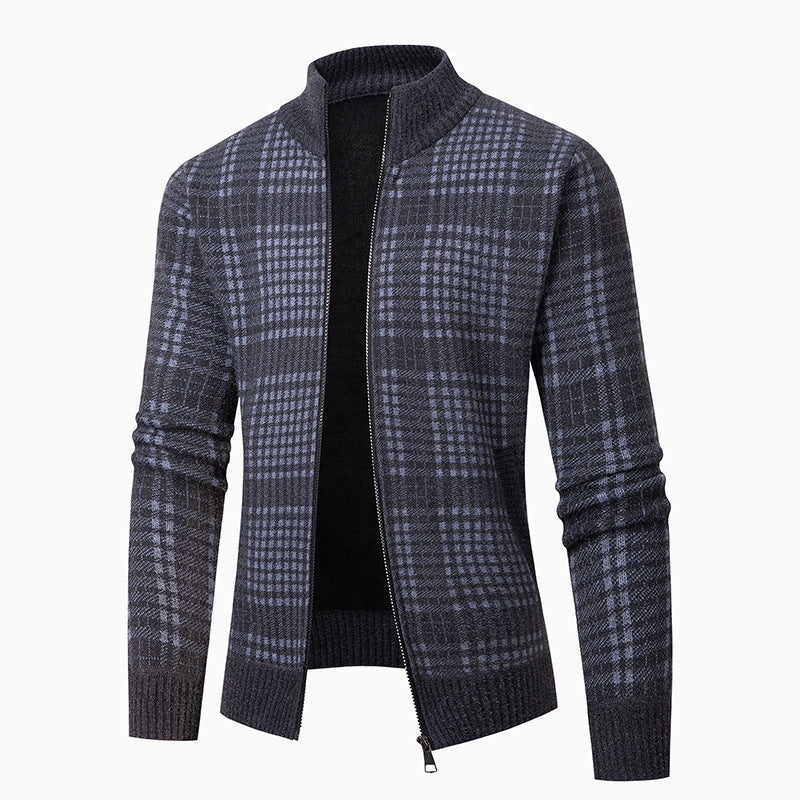 Herren modische Strickjacke mit modernem Karomuster und hohem Kragen Drune