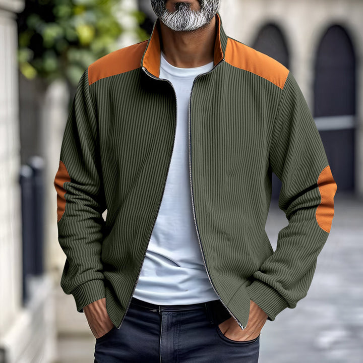 Herren nan gerippte Stehkragen-Sweatjacke mit durchgehendem Reißverschluss, Schulter- und Ellbogen-Patches Drune