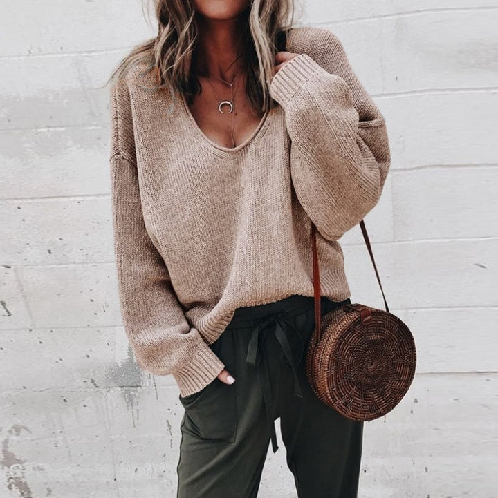 Damen lässiger V-Pullover mit weitem Schnitt und feiner Strickstruktur Drune