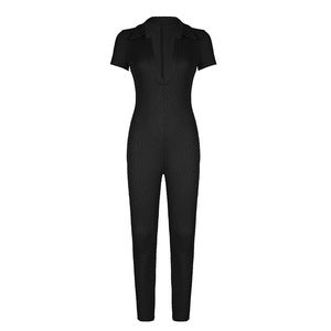 Damen figurbetonter Jumpsuit mit Kragen und Kurzarm Drune
