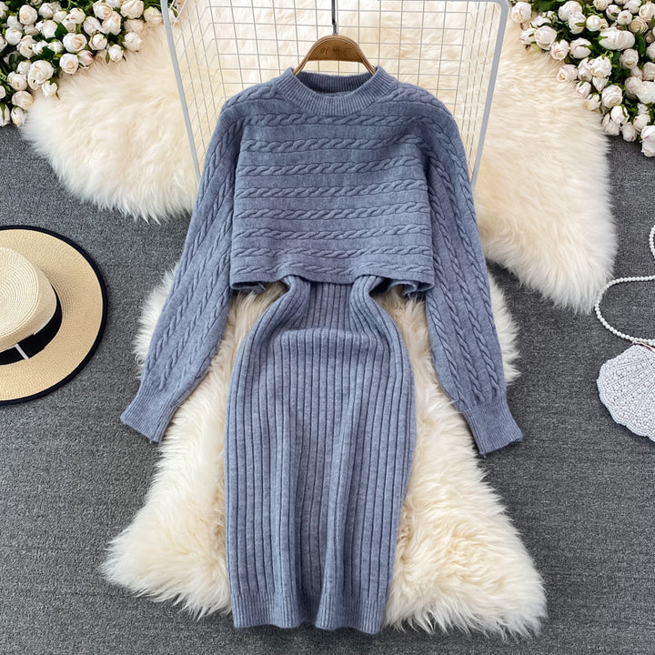 Damen modisches Zopf-Strickkleid mit cropped Pulloverteil Drune