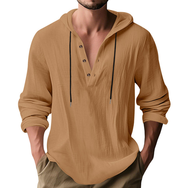 Herren nan lässiges Leinenhemd mit Kapuze und Henley-Knopfleiste Drune