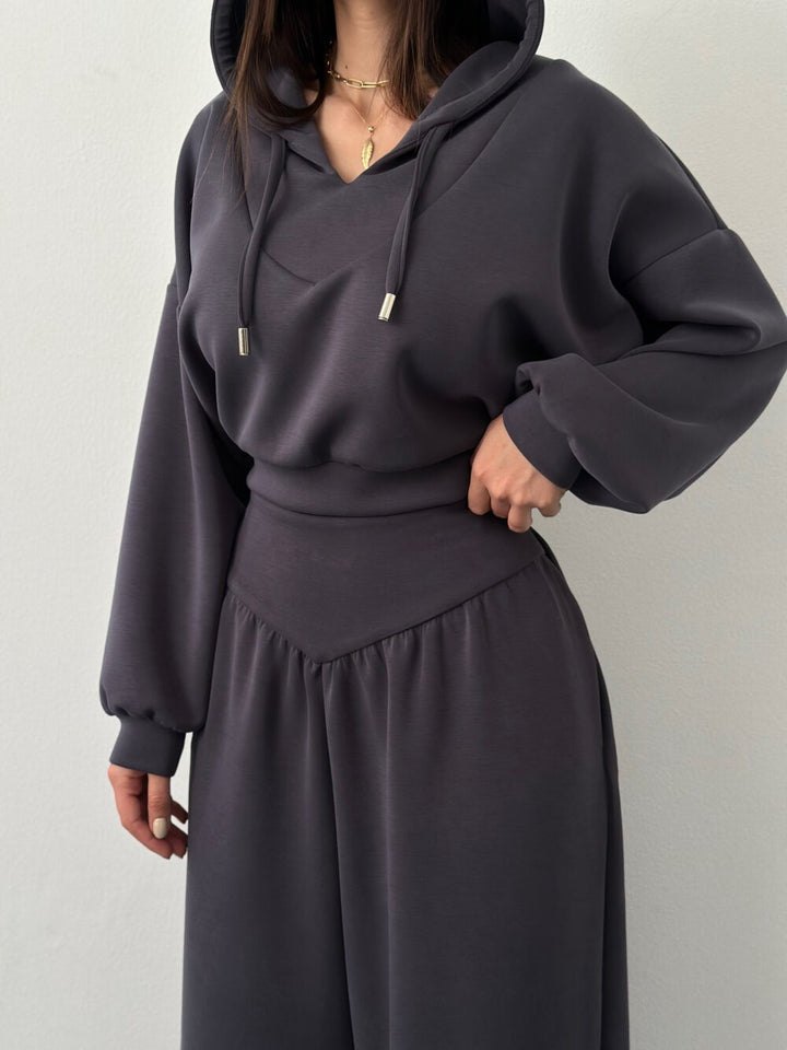 Damen nan luxuriöses Freizeitset Kapuzenpullover mit V-Ausschnittdetail und Culotte mit hoher Taille Drune