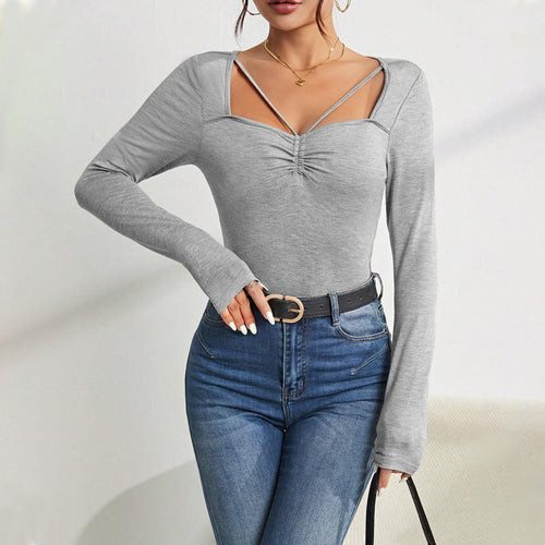 Damen Langarm-Bodysuit mit modischem V-Ausschnitt und raffinierten Schulterdetails Drune