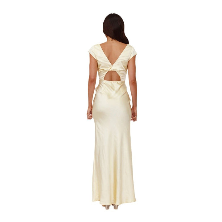 Damen Elegantes Maxikleid mit tiefem V-Ausschnitt und fließendem Satinfall Drune