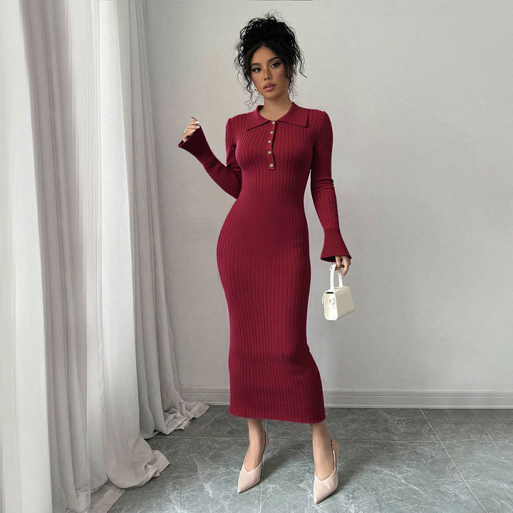 Damen figurbetontes Maxikleid mit Polokragen und Knopfleiste Drune