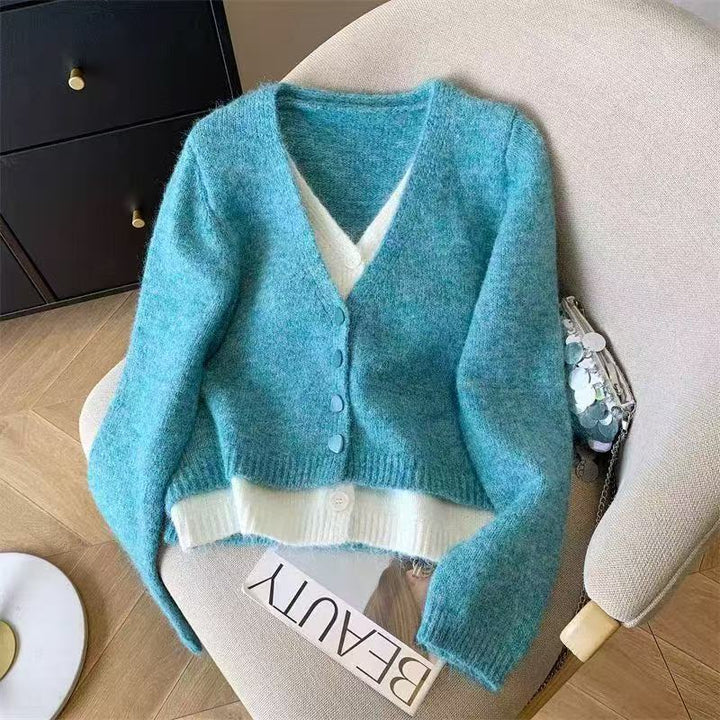 Damen modische Strickjacke mit elegantem V-Ausschnitt und Knopfdetails Drune