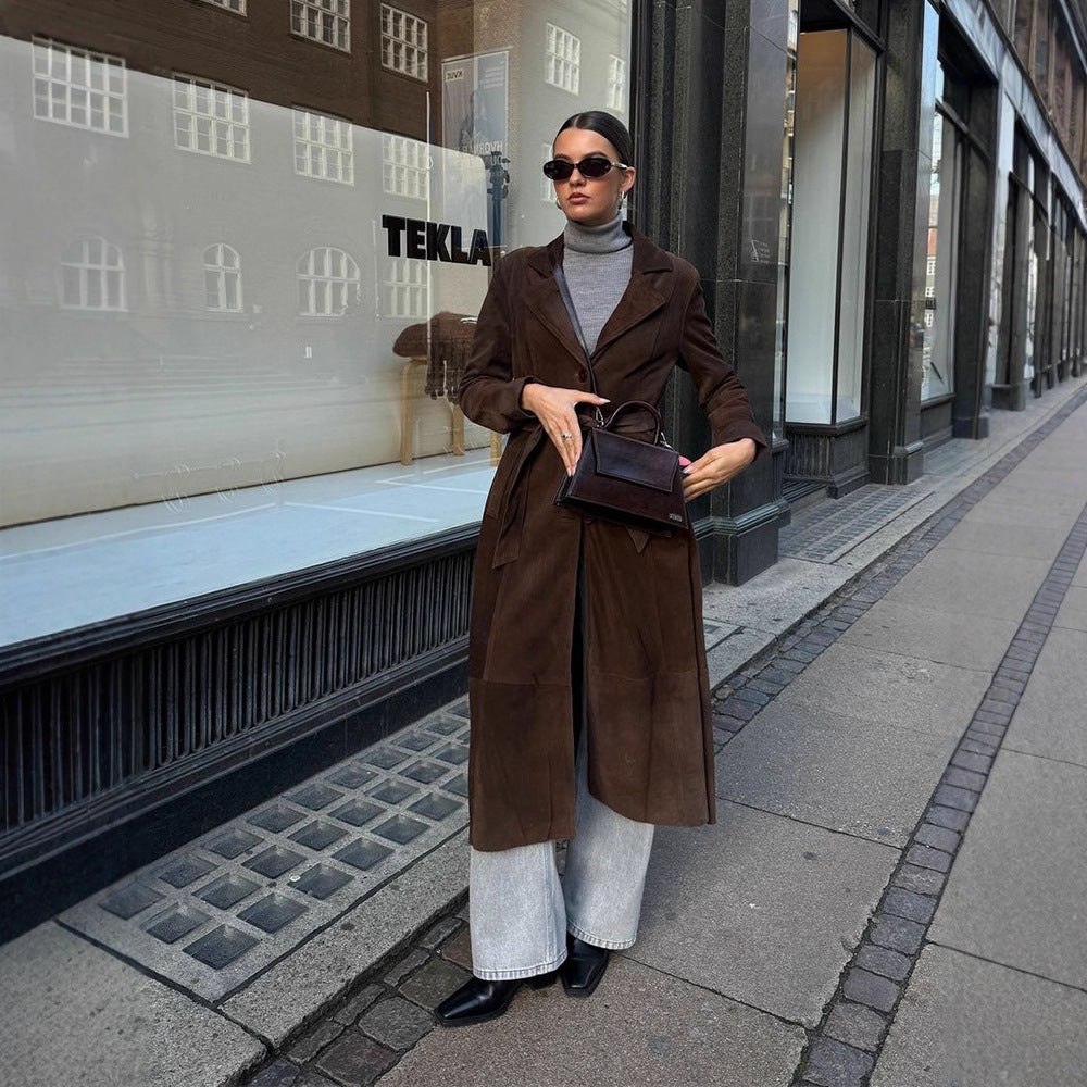 Damen Eleganter Wildledermantel mit Taillengürtel Drune