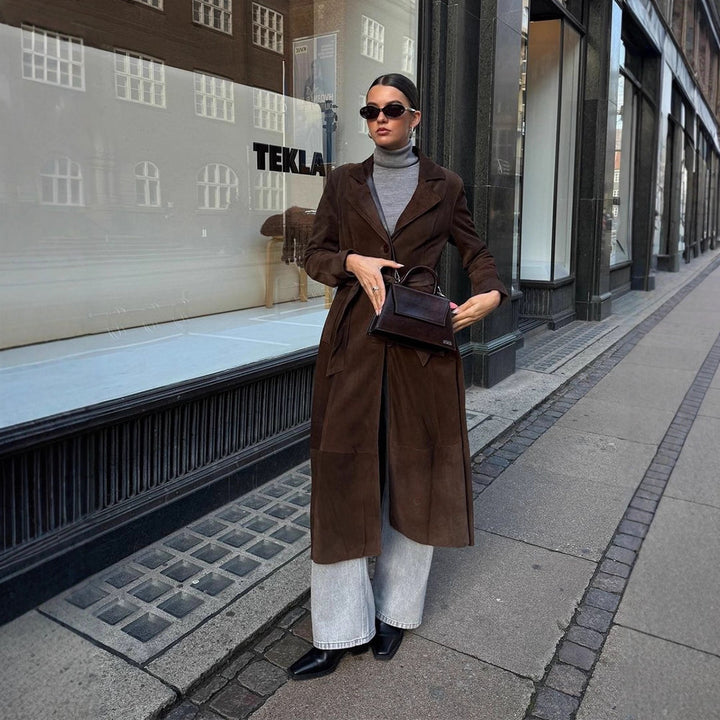 Damen Eleganter Wildledermantel mit Taillengürtel Drune