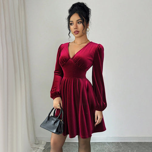 Damen Kurzarm Kleid mit eleganten Puffärmeln und V-Ausschnitt Drune