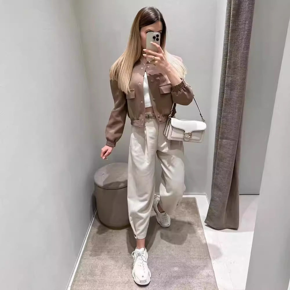 Damen lässige cropped Jacke mit praktischen Taschen und elastischem Saum Drune