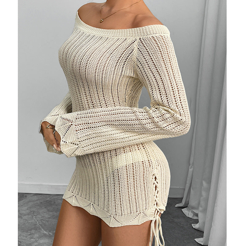 Damen Strickkleid mit offener Schulter und Schlitzdetails Drune