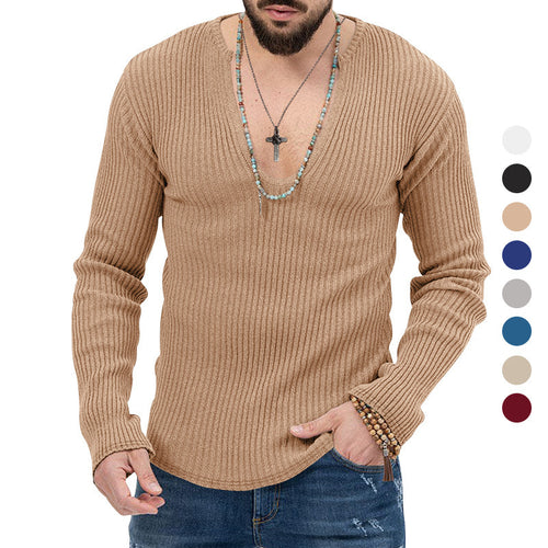 Herren Langarm-Rippenpullover mit tiefem V-Ausschnitt und modernem Schnitt Drune