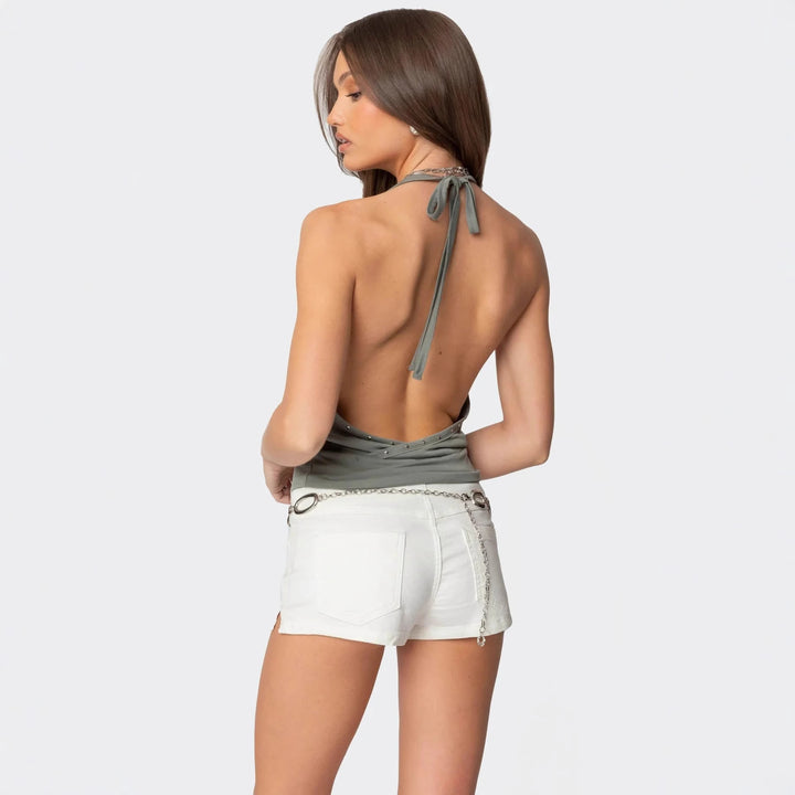 Damen Halter-Top mit elegantem Wasserfallausschnitt und dezentem Glitzerdetail Drune