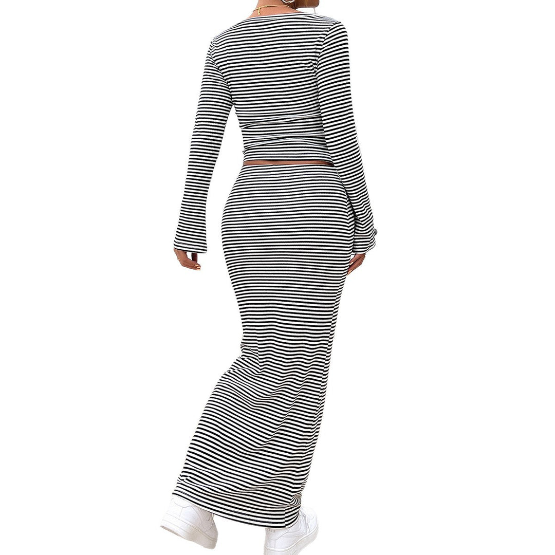 Damen nan gestreiftes zweiteiliges Bodycon-Set mit Langarm-Crop-Top und tailliertem Maxirock Drune