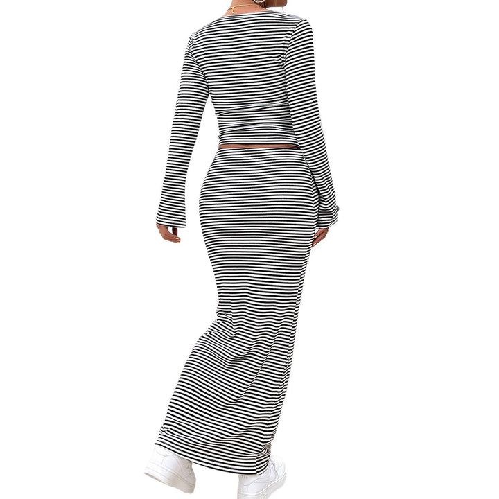 Damen nan gestreiftes zweiteiliges Bodycon-Set mit Langarm-Crop-Top und tailliertem Maxirock Drune