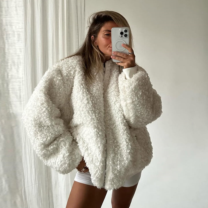 Damen gemütliche Teddyjacke mit hohem Kragen Drune