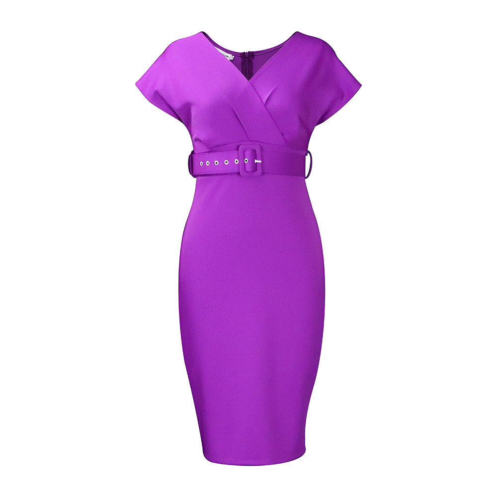 Drune | Damen V-Ausschnitt Figurbetontes Midi Kleid mit Gürtel