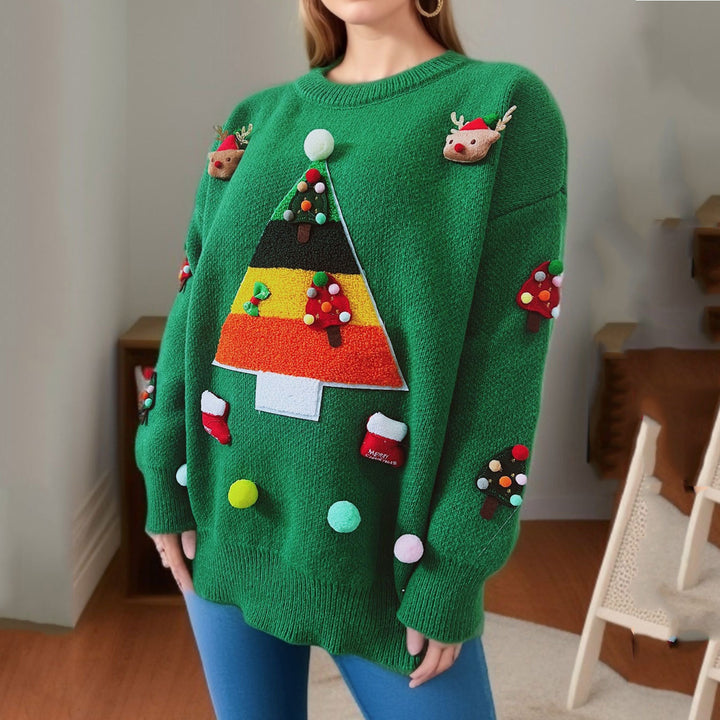 Damen Weihnachts-Pullover mit festlichem 3D-Motiv und dekorativen Applikationen Drune