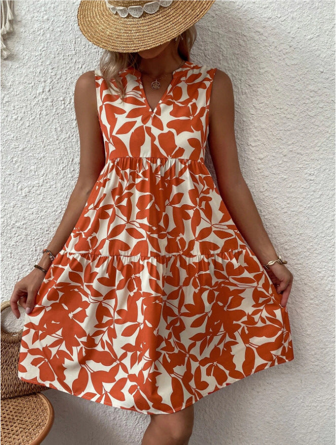 Damen luftiges ärmelloses Sommerkleid mit floralen Mustern und weitem Schnitt Drune