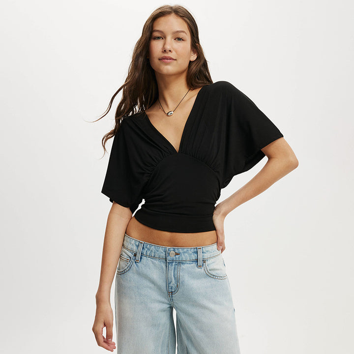 Damen elegantes Wickeloberteil mit voluminösenÄrmeln und tiefem V-Ausschnitt Drune