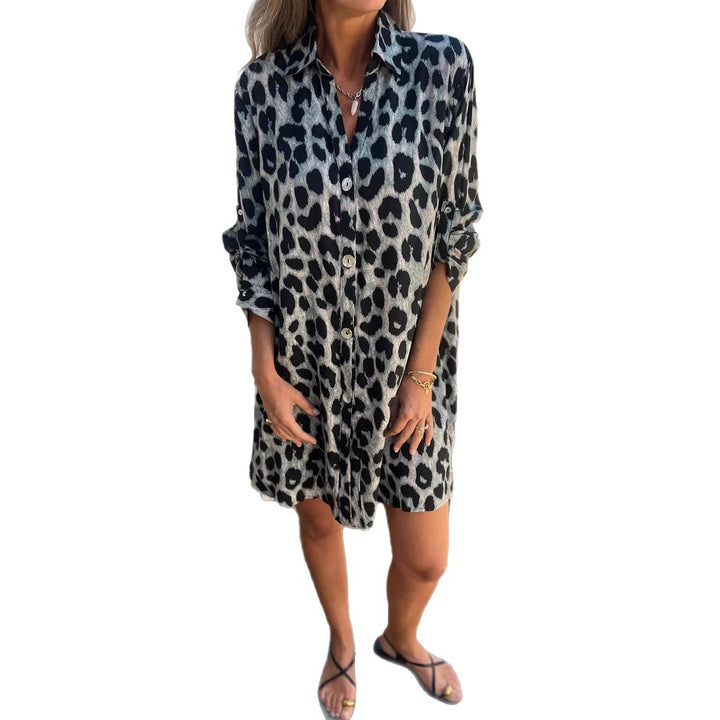 Damen Knopfleiste Leopardenmuster Hemdkleid Drune