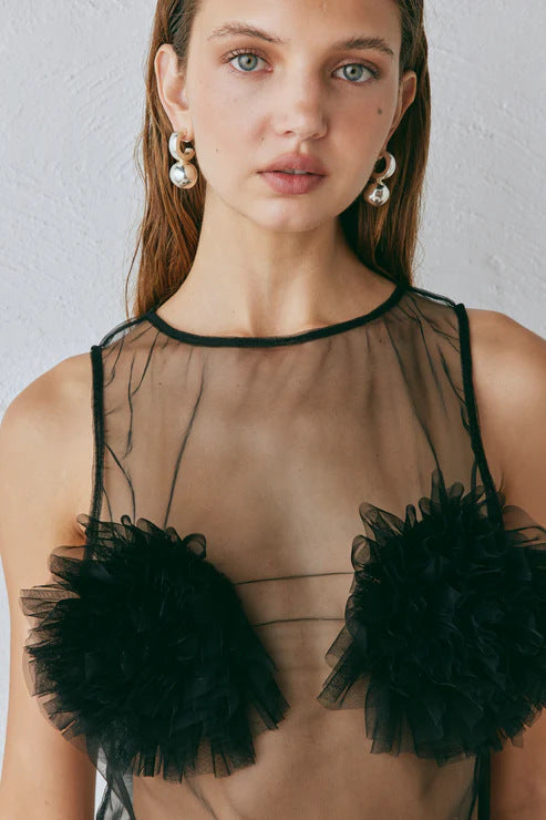 Damen Transparente Bluse mit voluminösen Rüschen Drune