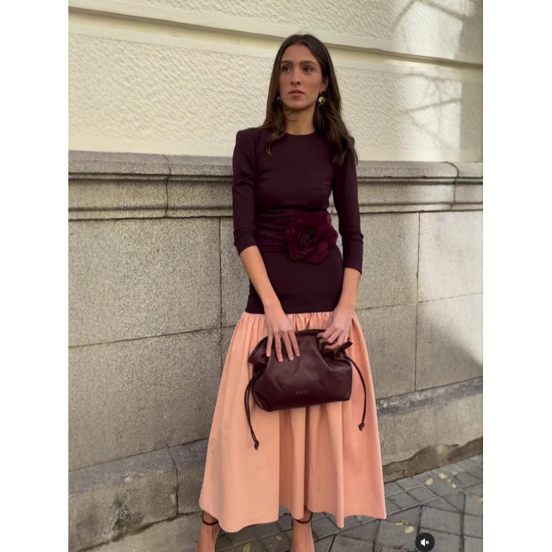 Damen elegantes Kleid mit Kontrastdetails Drune