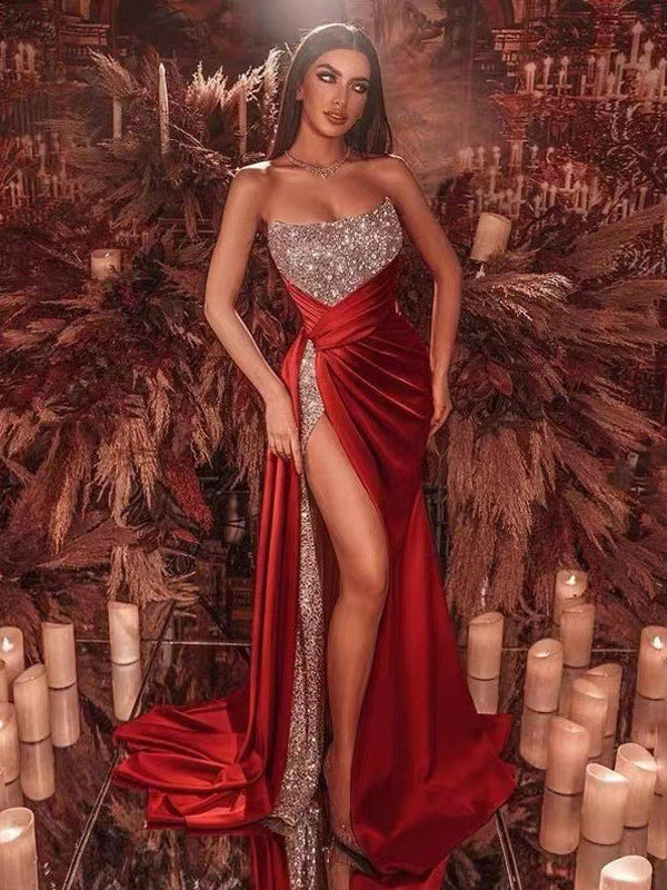 Damen Glamouröses Abendkleid mit schimmerndem Oberteil und verführerischem Schlitz Drune