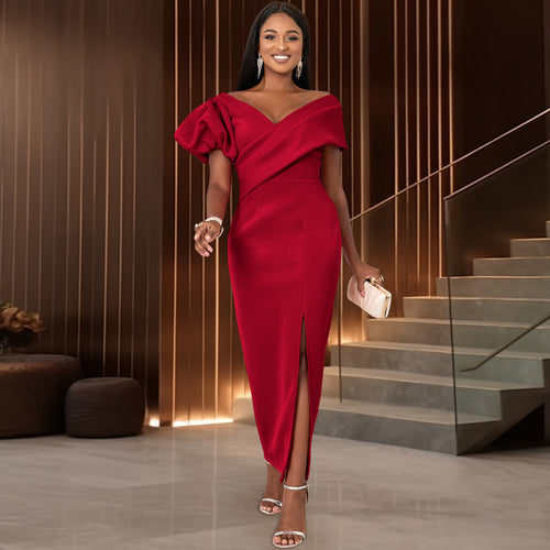 Damen Elegantes Maxikleid mit asymmetrischem Ausschnitt und voluminösen Puffärmeln Drune