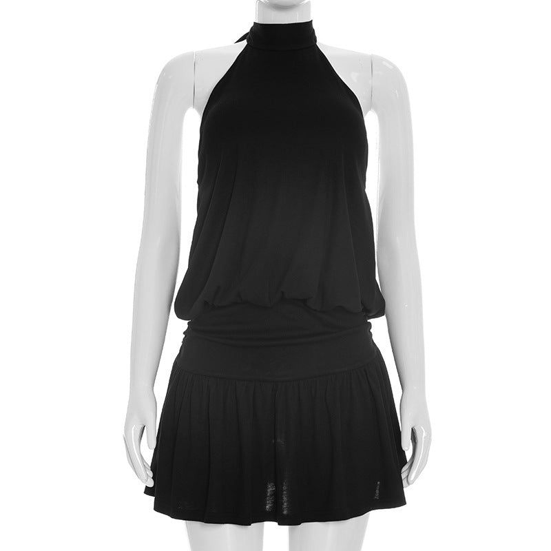 Damen lässiges Trägerkleid mit hochgeschlossenem Design und gerafftem Saum Drune
