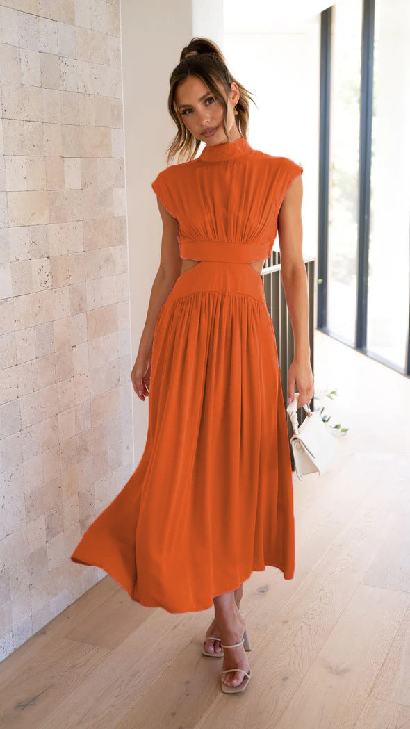 Damen elegantes Maxikleid mit hohem Kragen und seitlichen Cut-Outs Drune