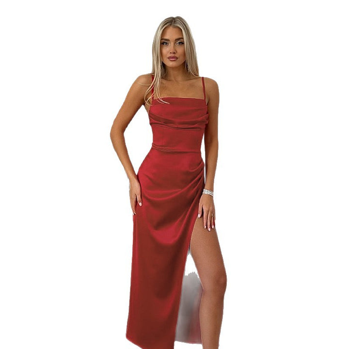 Damen elegantes Maxikleid mit Raffung und seitlichem Schlitz Drune