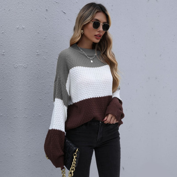 Damen lässiger Strickpullover mit modernem Blockstreifenmuster Drune
