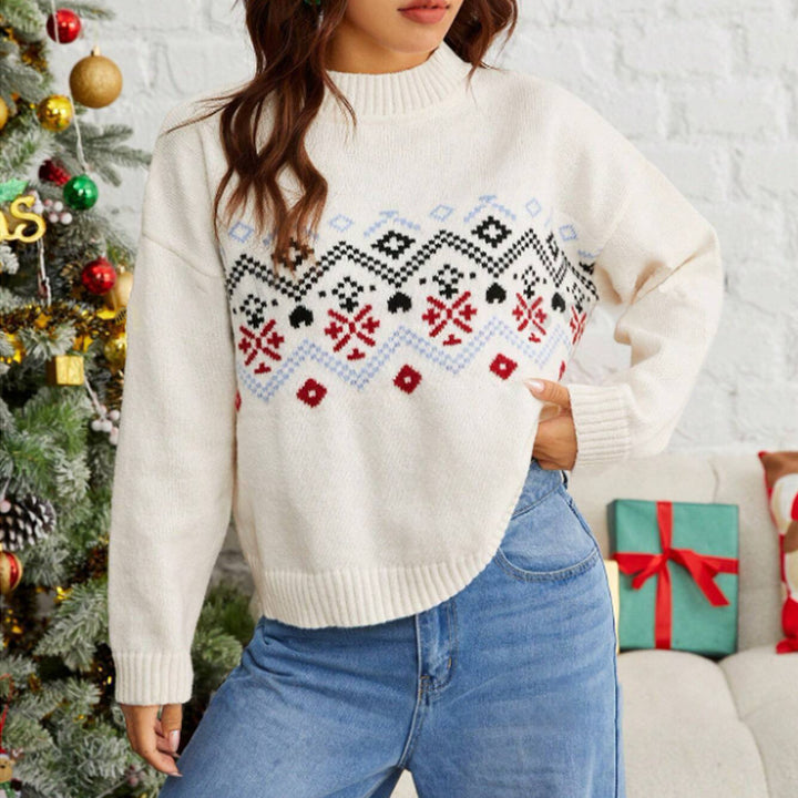 Damen Winterpullover mit festlichem Fair-Isle-Muster und hohem Kragen Drune