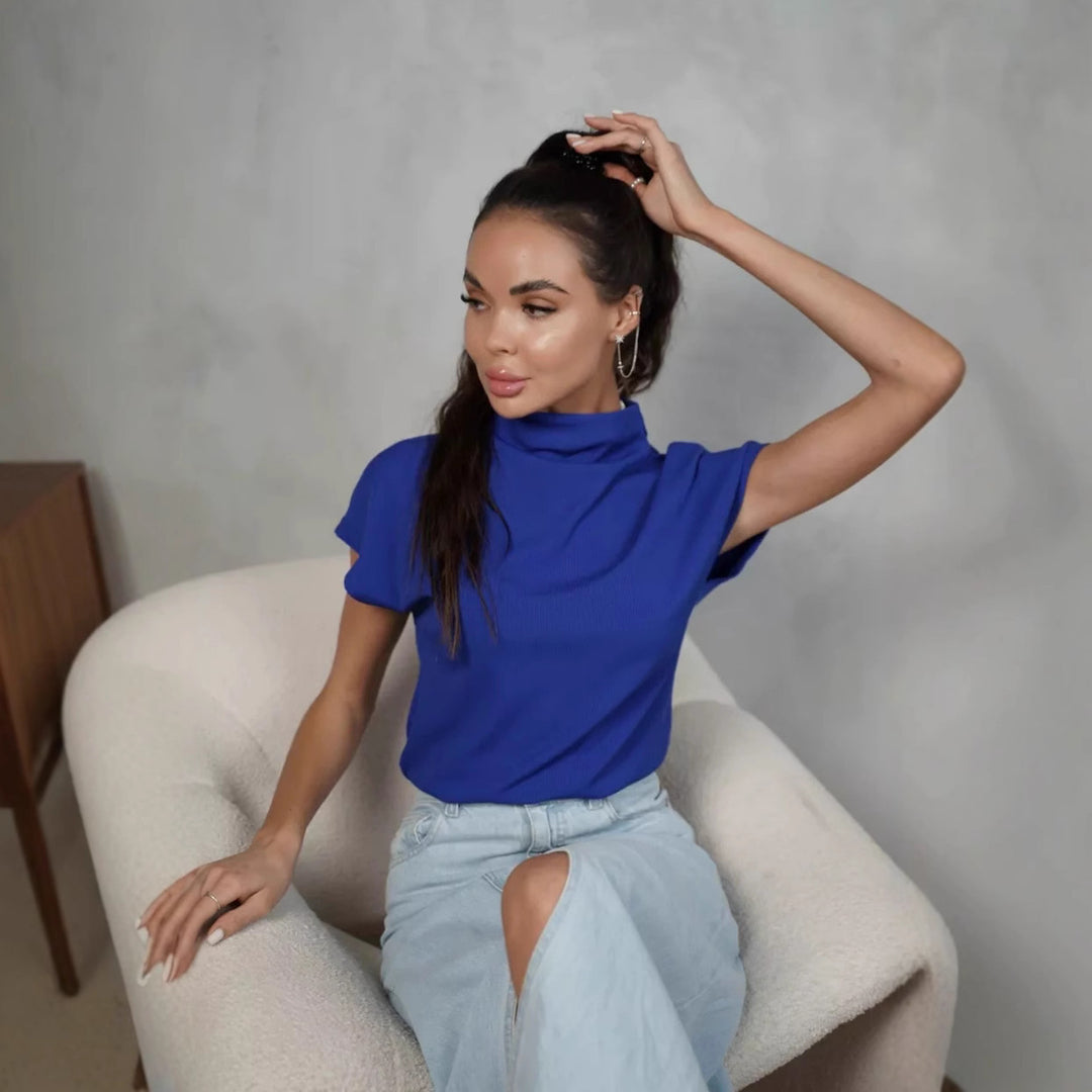 Damen modisches Kurzarm-Shirt mit hochgeschlossenem Kragen und elegantem Schnitt