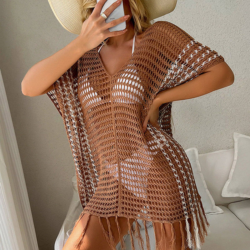 Damen luftiger Häkel-Strandüberwurf mit fransigen Details Drune