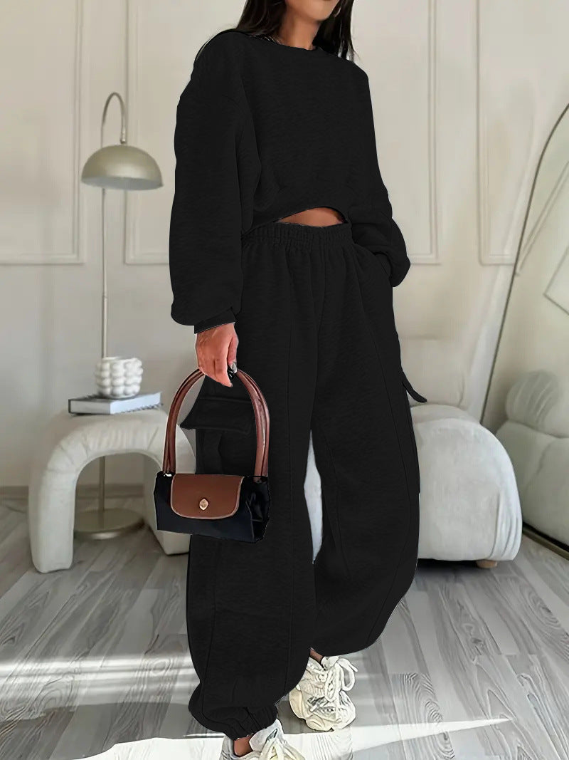 Damen lässiges Sweatshirt und Jogginghose Set mit hohen Taschen und elastischem Bund Drune