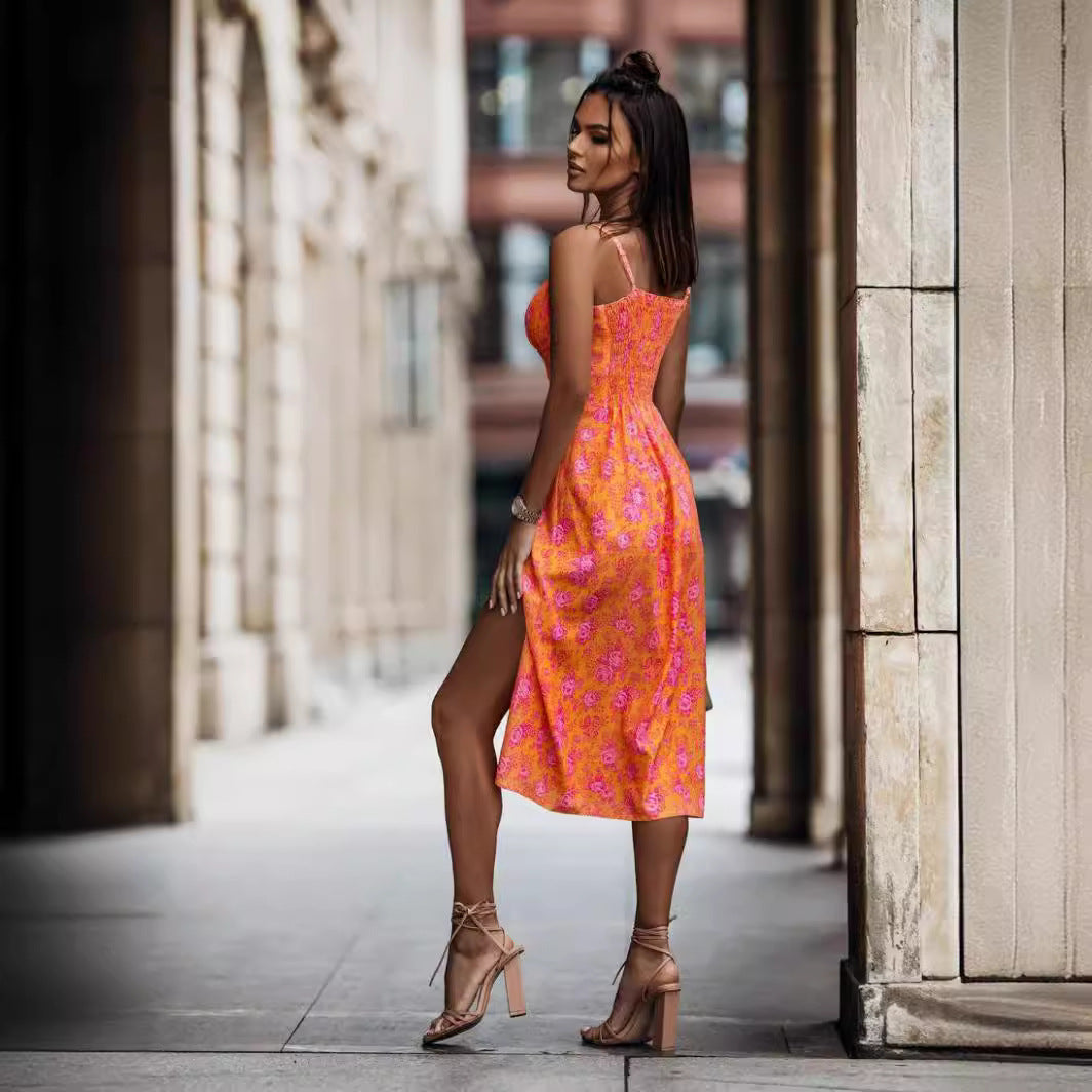 Damen Floral Print Bodycon Midi Kleid mit Seitenschlitz Drune