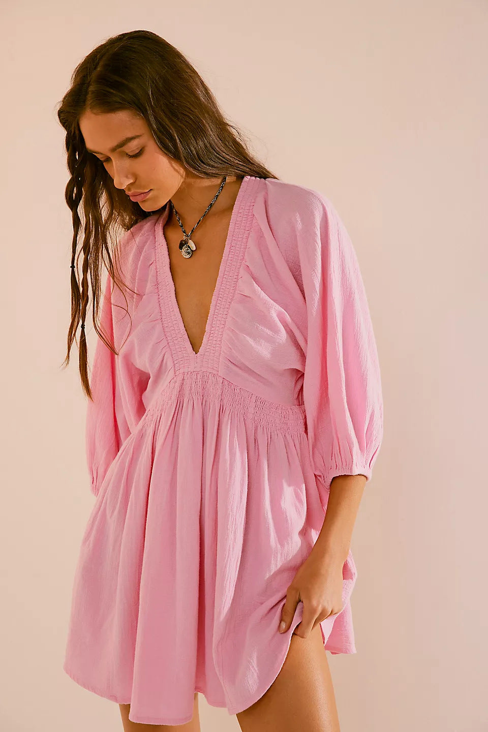 Damen Sommerliches Minikleid mit Puffärmeln und V-Ausschnitt Drune