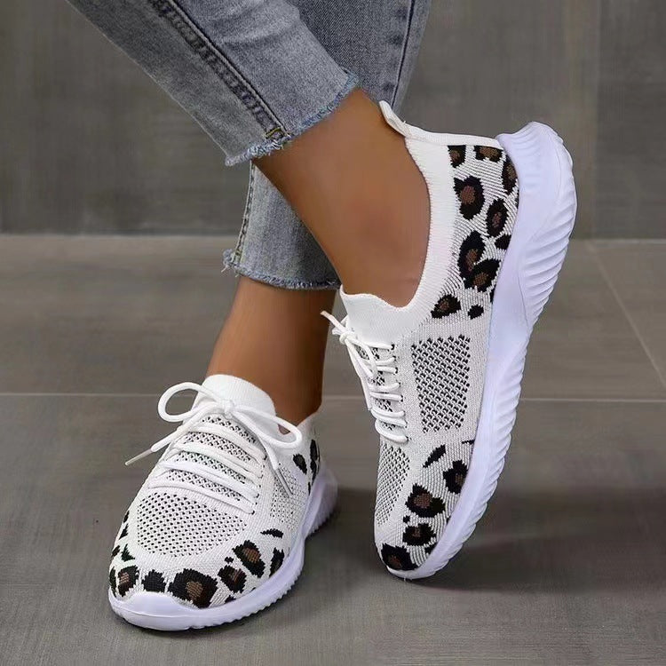 Damen nan atmungsaktiver Strick-Sneaker mit elastischem Einstieg, gepolstertem Komfortfußbett und Animalprint-Fersenbesatz Drune