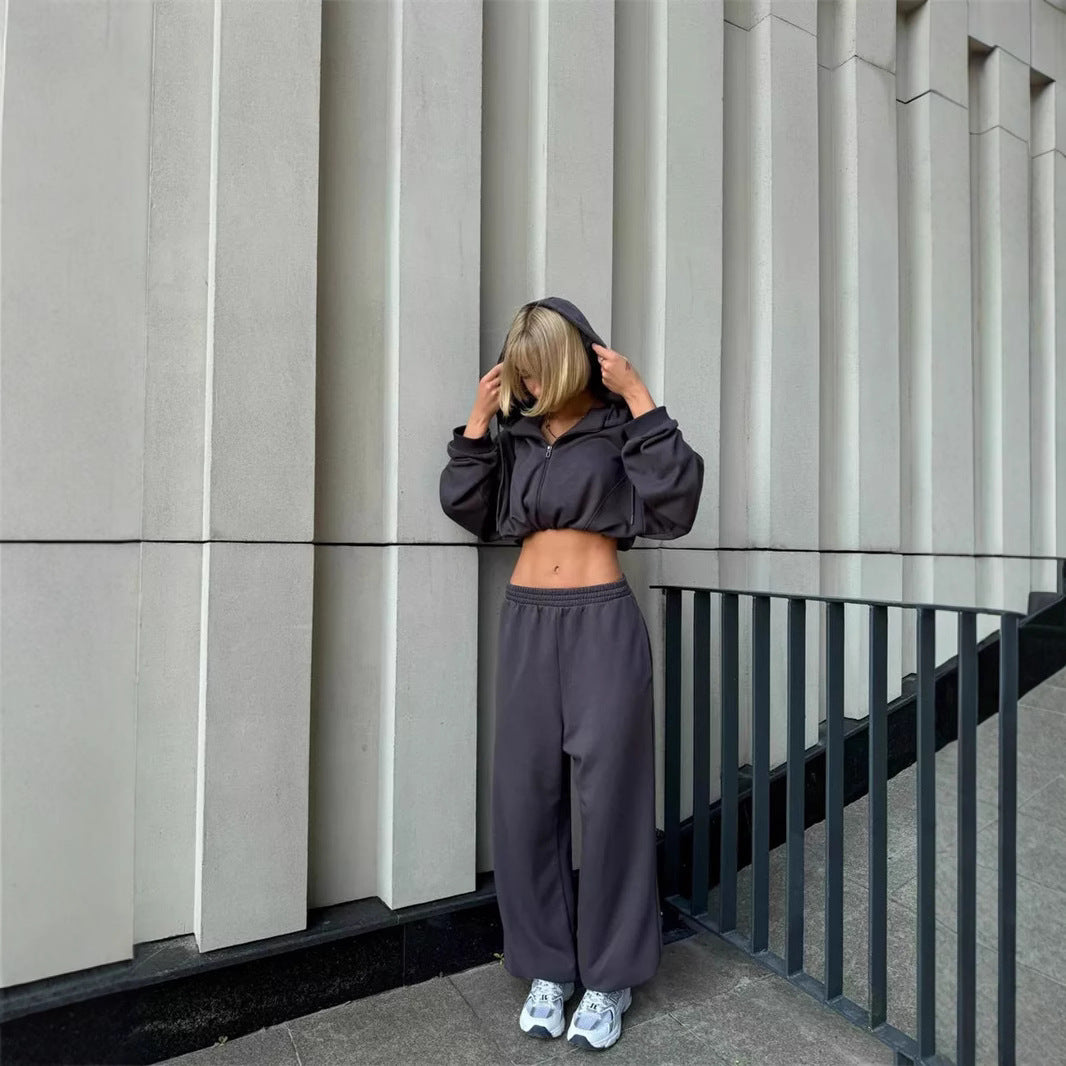 Damen nan kurz geschnittenes Zip-Hoodie und Highwaist Sweathose Lounge-Set mit Kapuze Drune