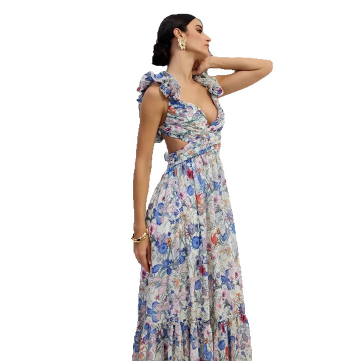 Damen Maxikleid mit floralem Print und romantischen Rüschen Drune