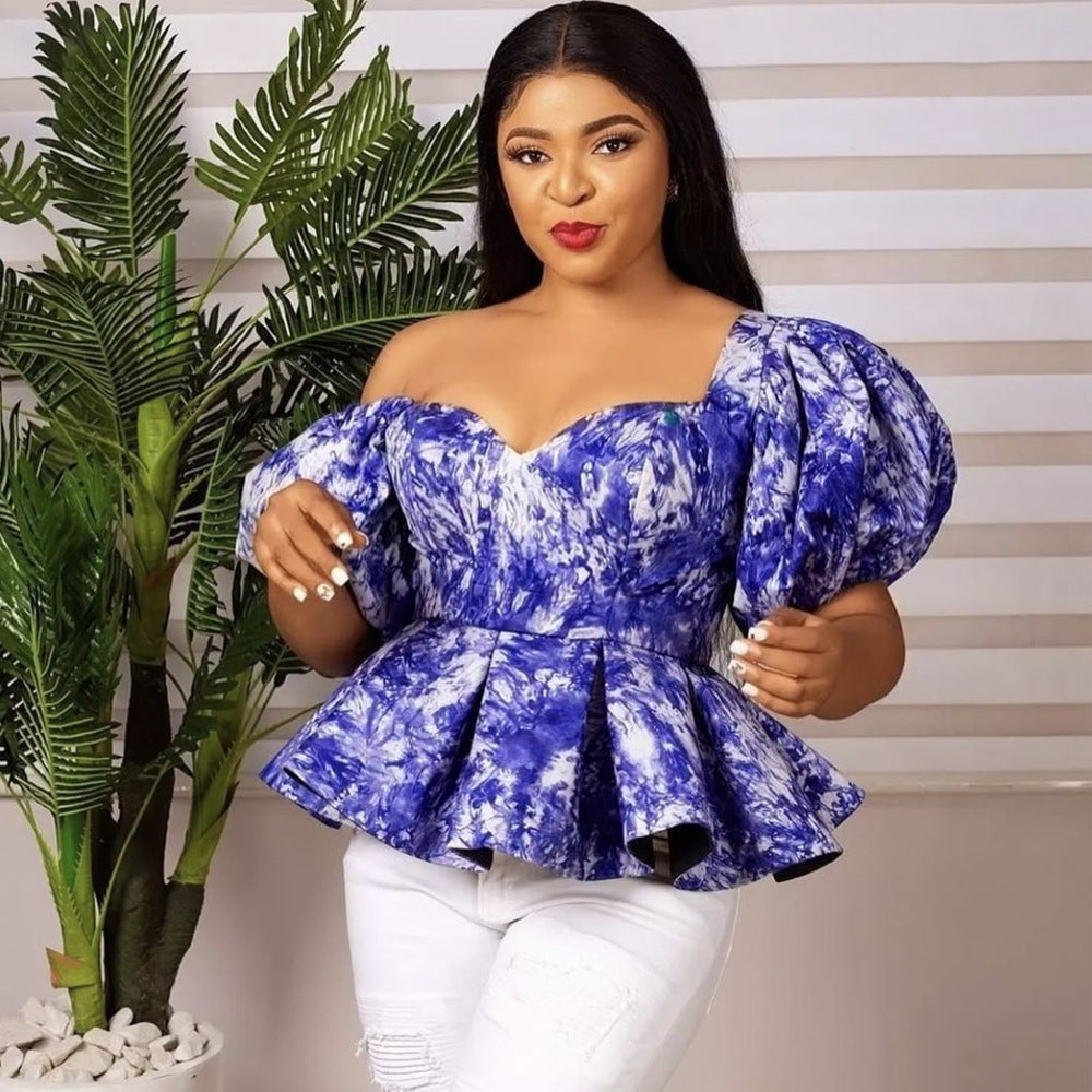 Damen Elegante Peplum Bluse mit Puffärmeln Drune